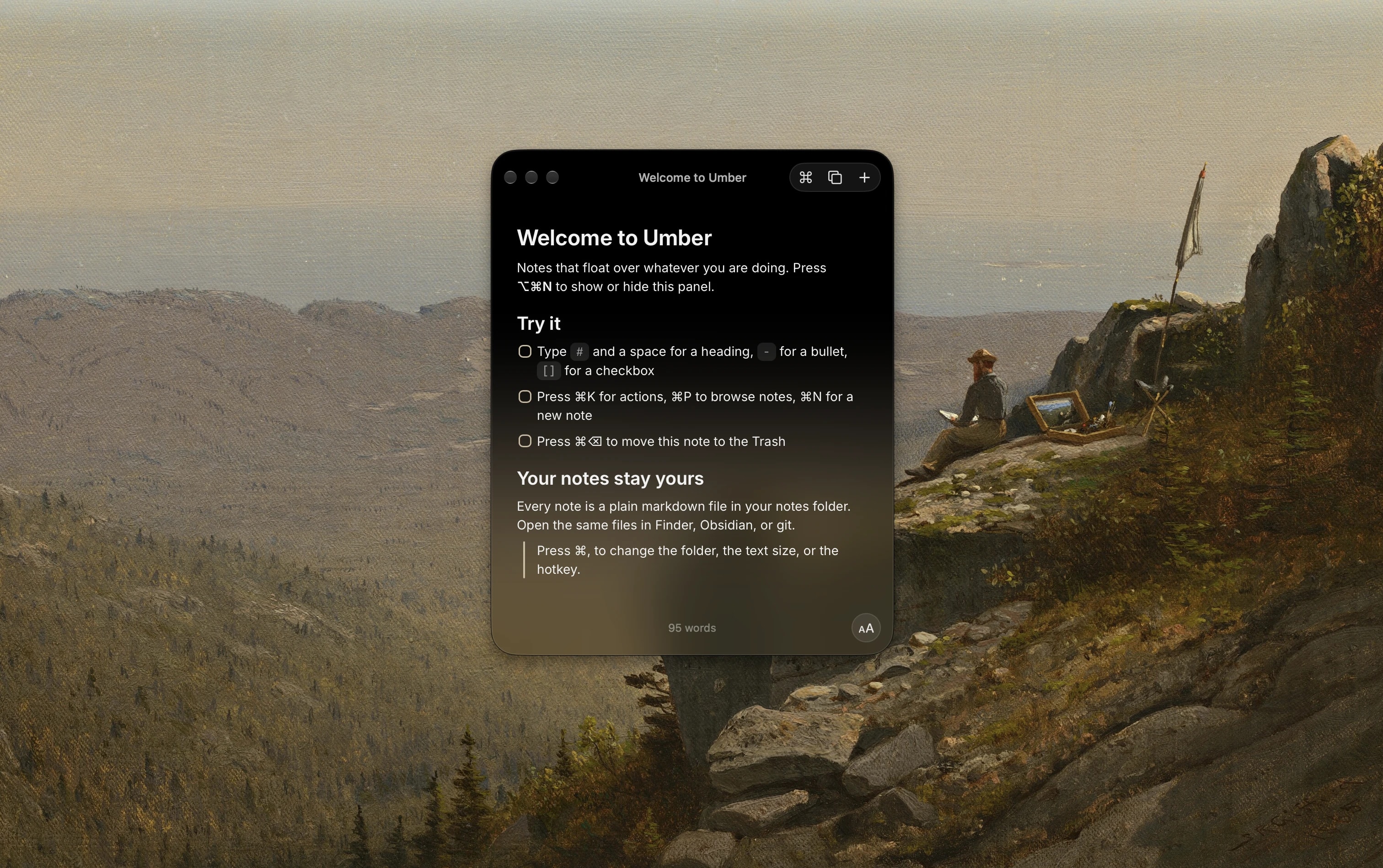 Umber's dark, translucent note window floating over a painted mountain landscape on a Mac desktop